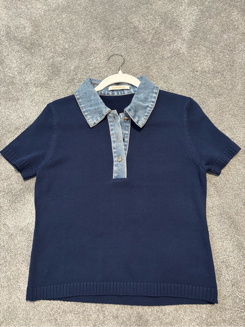 Olivaceous Navy Knit Polo with Light Denim Collar